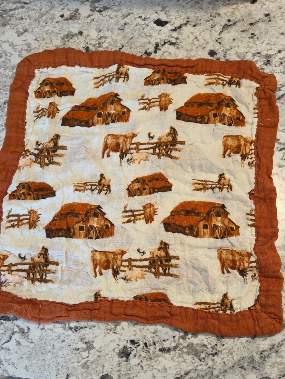 Milkbarn Rust Orange and Cream Farm Print Muslin Baby Blanket